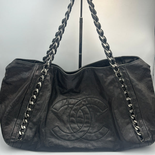 Chanel Black Leather Tote Bag with Chain Detail