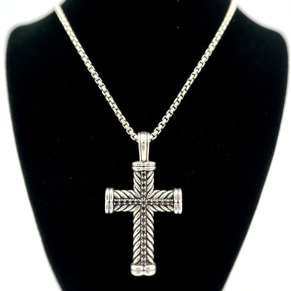 David Yurman Men's Chevron Cross Pendant with Black Diamonds in Sterling Silver