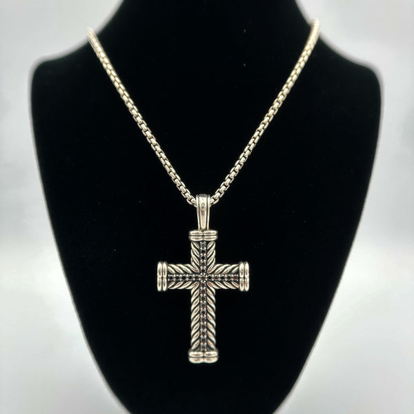 David Yurman Men's Chevron Cross Pendant with Black Diamonds in Sterling Silver