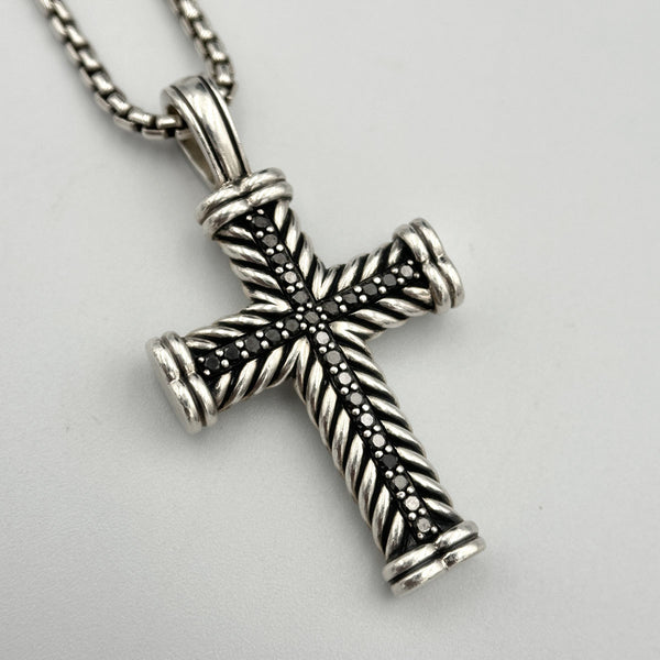 David Yurman Men's Chevron Cross Pendant with Black Diamonds in Sterling Silver