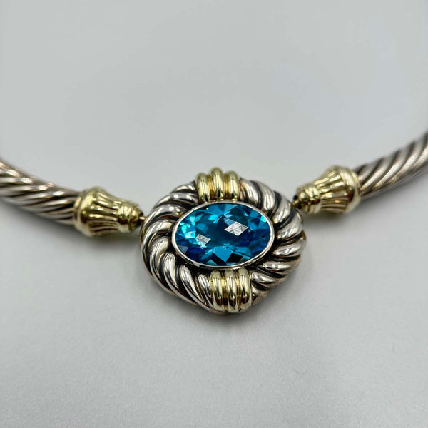 David Yurman Renaissance Blue Topaz Cable Collar Necklace - Sterling Silver and Yellow Gold