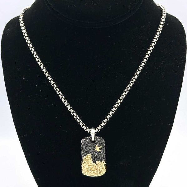 David Yurman Waves Tag Sterling Silver with 18K Yellow Gold and Black Diamonds, 35mm