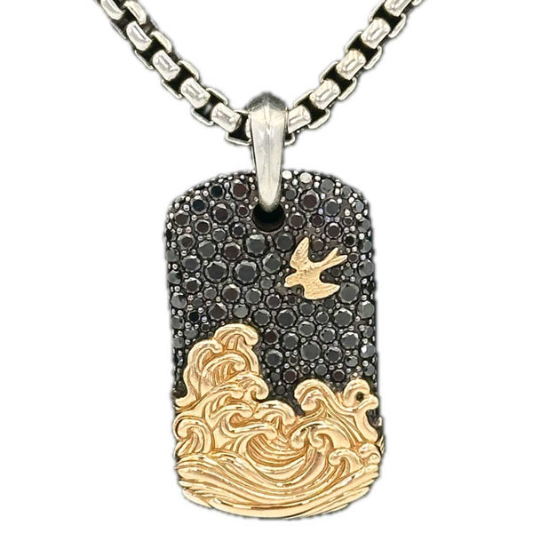 David Yurman Waves Tag Sterling Silver with 18K Yellow Gold and Black Diamonds, 35mm