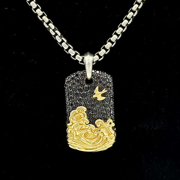 David Yurman Waves Tag Sterling Silver with 18K Yellow Gold and Black Diamonds, 35mm