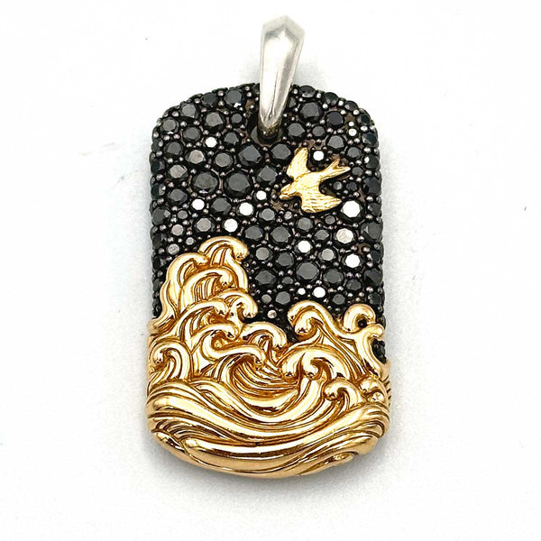 David Yurman Waves Tag Sterling Silver with 18K Yellow Gold and Black Diamonds, 35mm