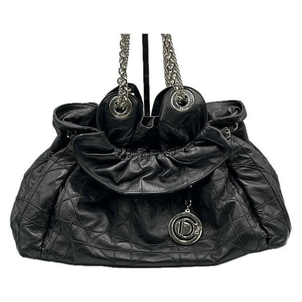 Dior Cannage Shoulder Bag - Drawstring Tote - Black Leather