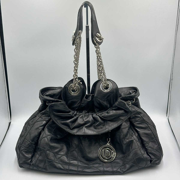 Dior Cannage Shoulder Bag - Drawstring Tote - Black Leather