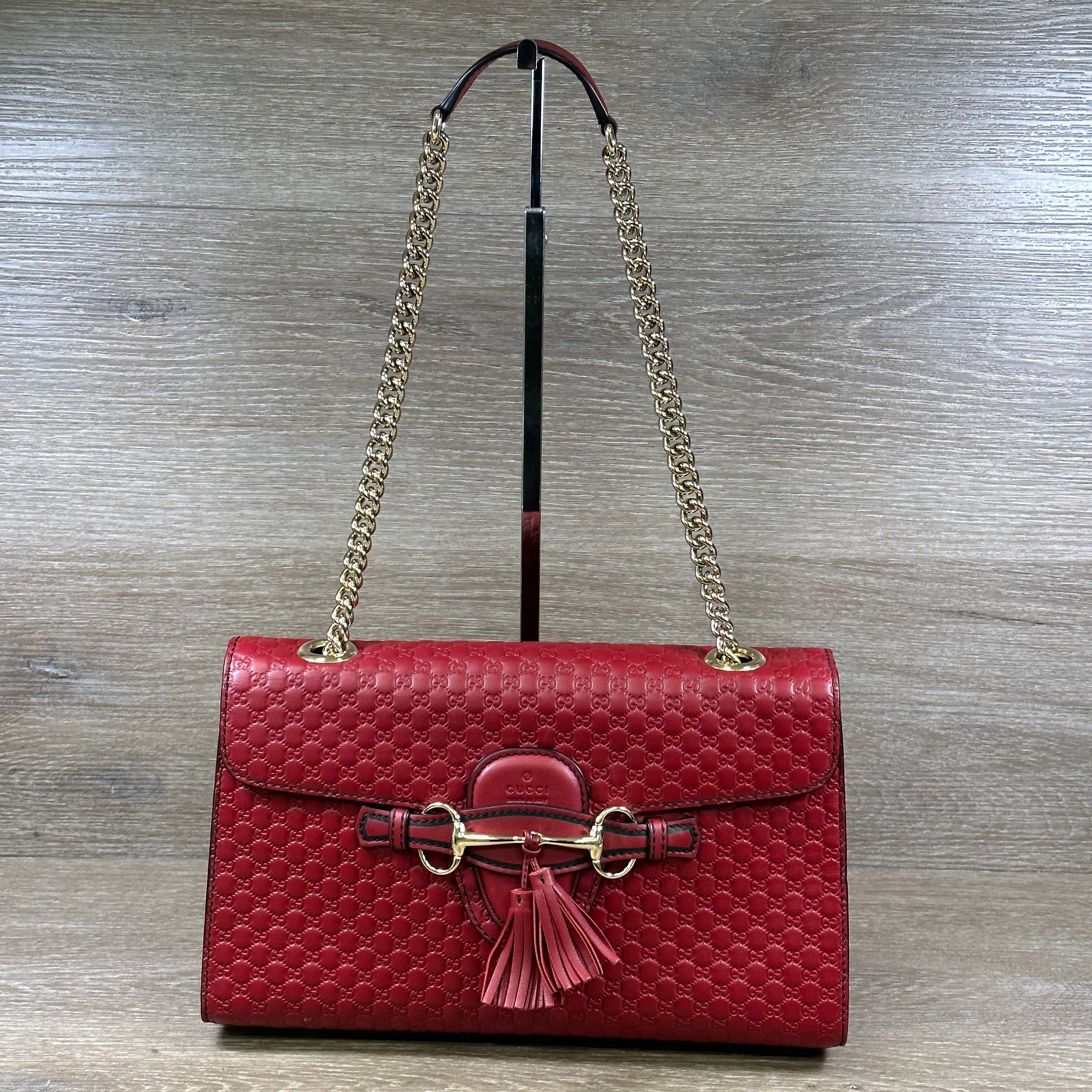 Gucci Emily Chain Flap Shoulder Bag Red Micro Guccissima Leather