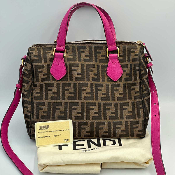 Fendi Forever Bauletto Boston Bag Tobacco Zucca Print With Magenta Leather Trim