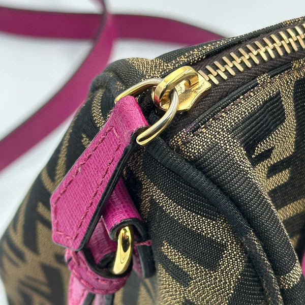 Fendi Forever Bauletto Boston Bag Tobacco Zucca Print With Magenta Leather Trim