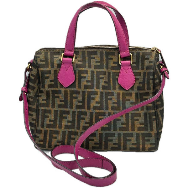 Fendi Forever Bauletto Boston Bag Tobacco Zucca Print With Magenta Leather Trim