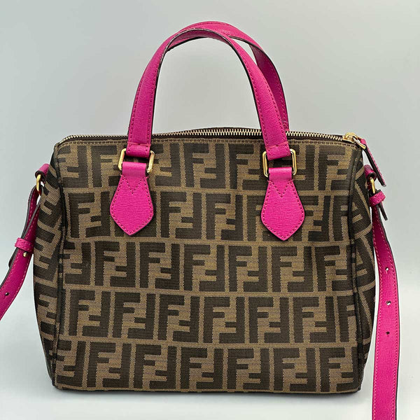 Fendi Forever Bauletto Boston Bag Tobacco Zucca Print With Magenta Leather Trim