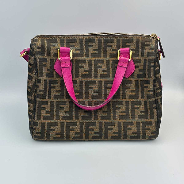 Fendi Forever Bauletto Boston Bag Tobacco Zucca Print With Magenta Leather Trim