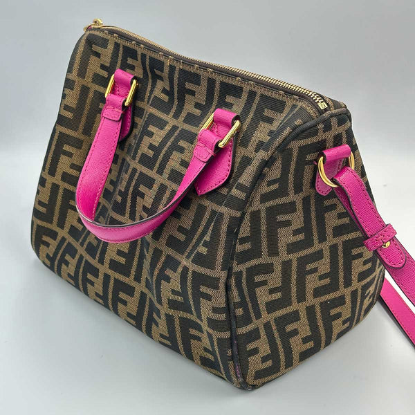 Fendi Forever Bauletto Boston Bag Tobacco Zucca Print With Magenta Leather Trim