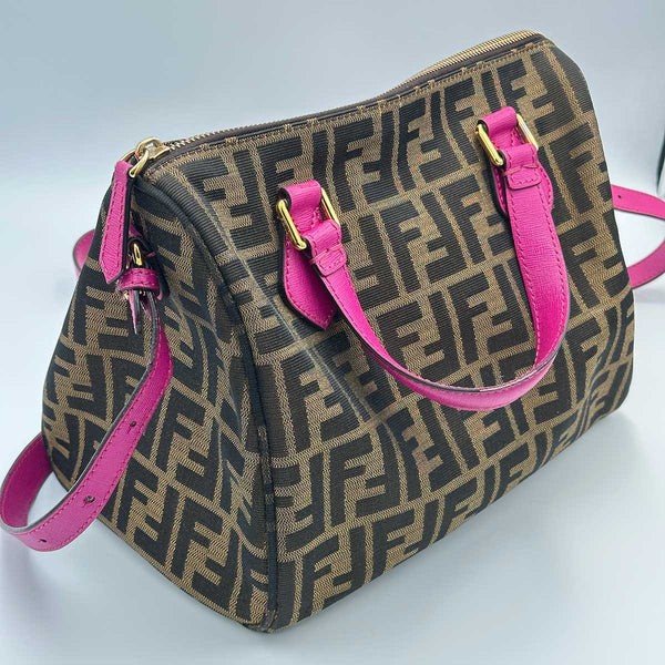 Fendi Forever Bauletto Boston Bag Tobacco Zucca Print With Magenta Leather Trim