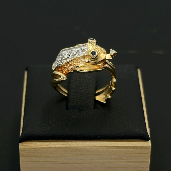 14k Yellow Gold Frog Ring with Diamonds and Sapphire