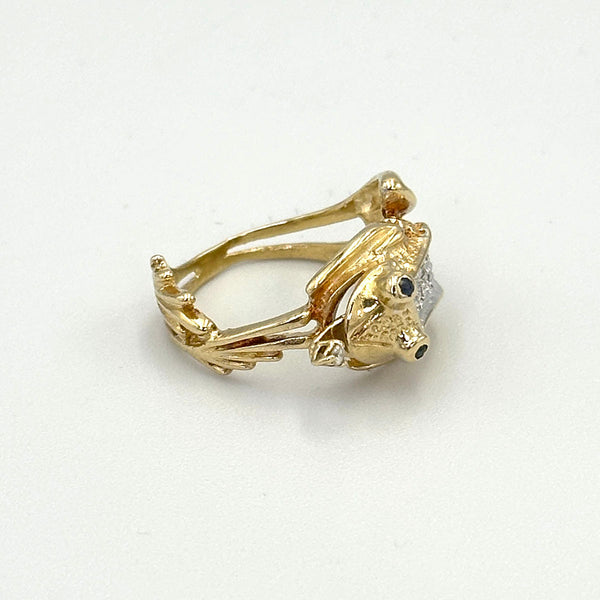 14k Yellow Gold Frog Ring with Diamonds and Sapphire