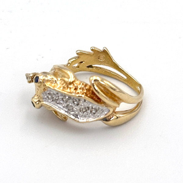 14k Yellow Gold Frog Ring with Diamonds and Sapphire