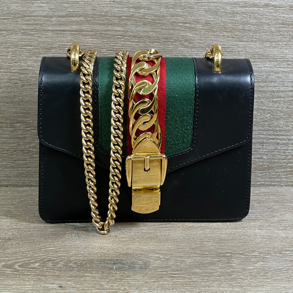 Gucci Black Leather Web Sylvie Chain Bag Mini - Black - Chicago Pawners & Jewelers