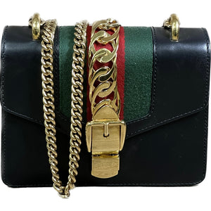 Gucci Black Leather Web Sylvie Chain Bag Mini - Black - Chicago Pawners & Jewelers