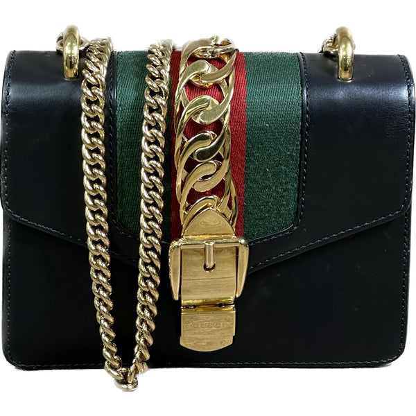 Gucci Black Leather Web Sylvie Chain Bag Mini - Black - Chicago Pawners & Jewelers