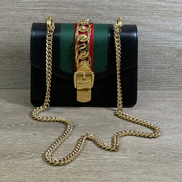 Gucci Black Leather Web Sylvie Chain Bag Mini - Black - Chicago Pawners & Jewelers