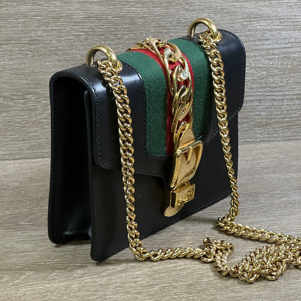 Gucci Black Leather Web Sylvie Chain Bag Mini - Black - Chicago Pawners & Jewelers