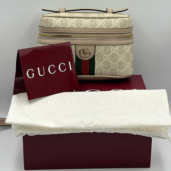 Gucci Mini Ophidia Vanity Case - Beige Leather and Oatmeal Supreme Canvas