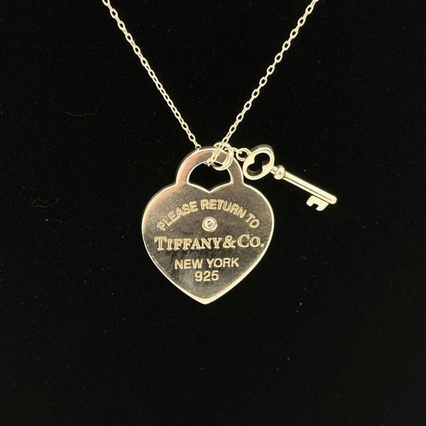 Return to Tiffany Heart Tag and Key Necklace in Sterling Silver with a Diamond, Medium - Chicago Pawners & Jewelers