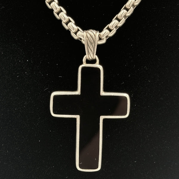 David Yurman Black Onyx And Sterling Silver Exotic Stone Cross Pendant Necklace