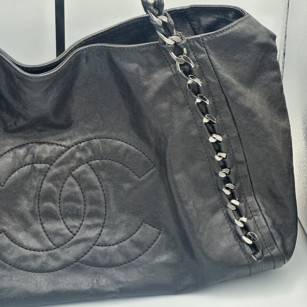 Chanel Black Leather Tote Bag with Chain Detail