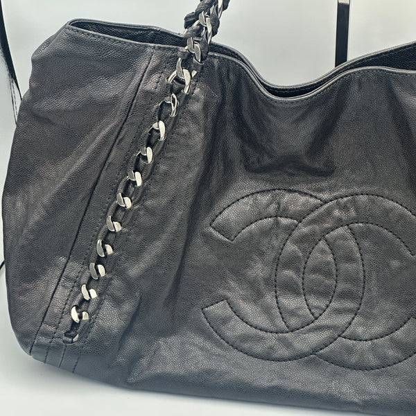 Chanel Black Leather Tote Bag with Chain Detail