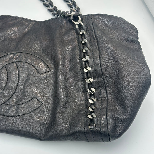 Chanel Black Leather Tote Bag with Chain Detail