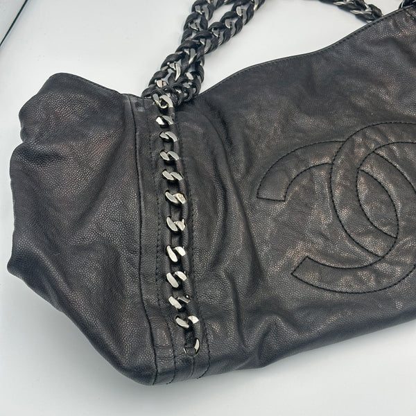 Chanel Black Leather Tote Bag with Chain Detail