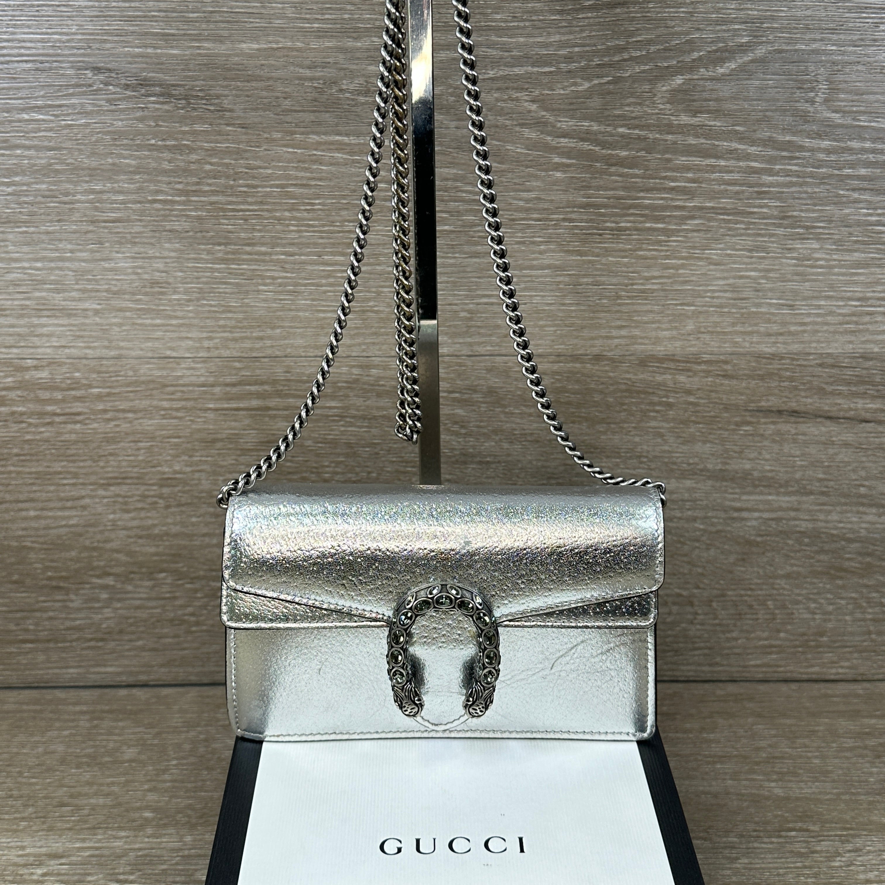 Dionysus super mini bag in silver lamé leather