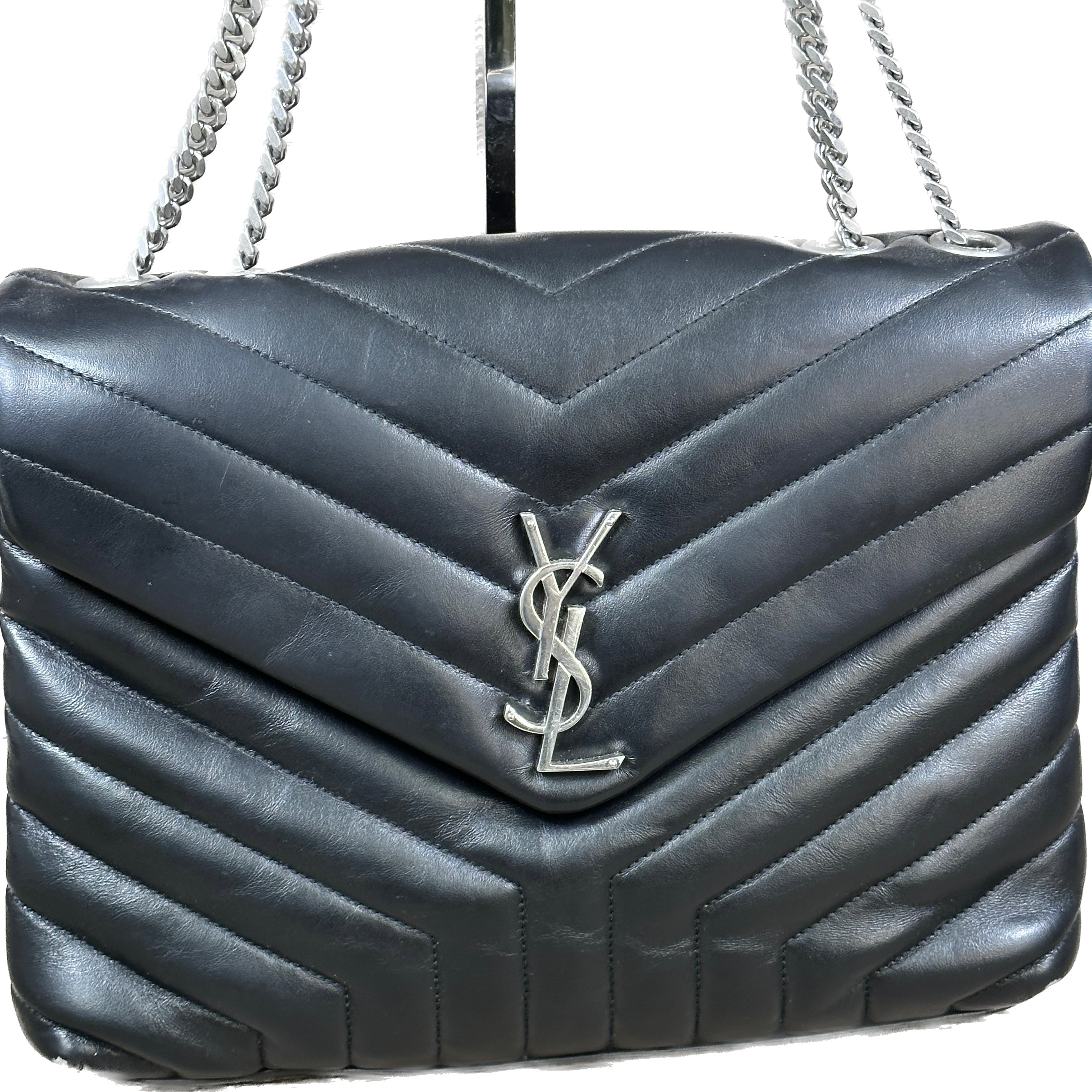 YSL Saint Laurent Loulou Medium Navy / Silver Leather Shoulder Bag