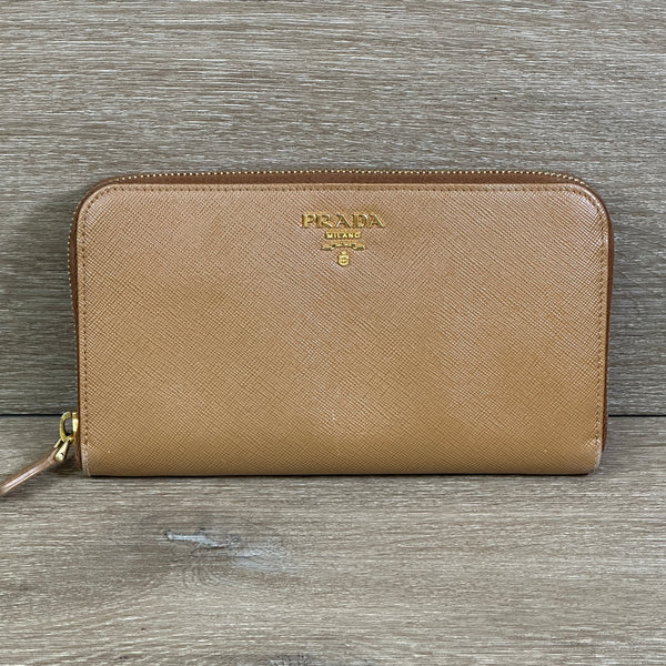 Prada Caramel Saffiano Leather Zip Around Wallet