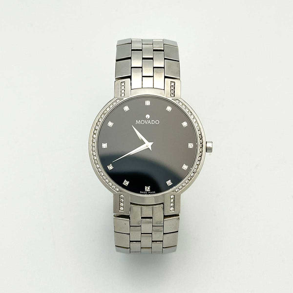 Movado Mens Faceto Watch Black Dial Diamond Bezel