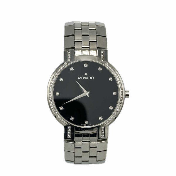 Movado Mens Faceto Watch Black Dial Diamond Bezel