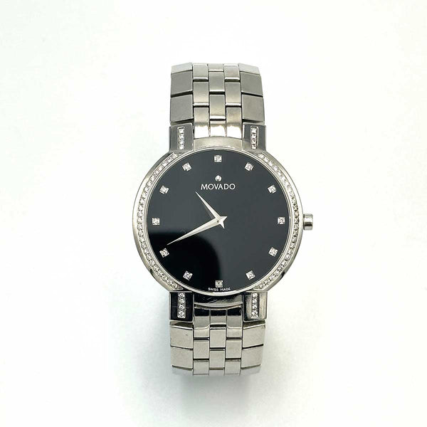 Movado Mens Faceto Watch Black Dial Diamond Bezel