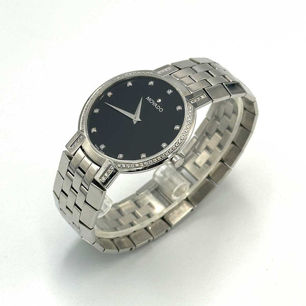 Movado Mens Faceto Watch Black Dial Diamond Bezel
