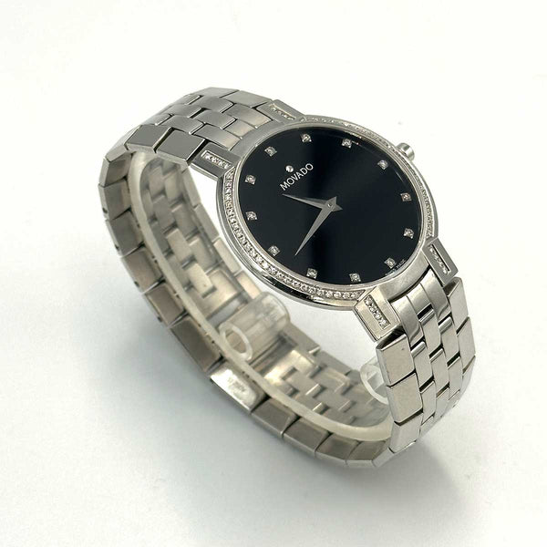 Movado Mens Faceto Watch Black Dial Diamond Bezel