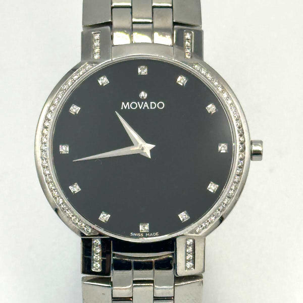 Movado Mens Faceto Watch Black Dial Diamond Bezel