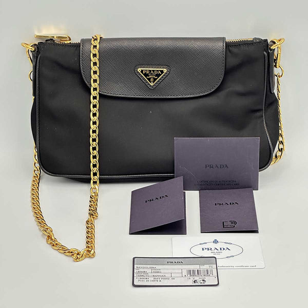 Prada Tessuto Saffiano Chain Crossbody Bag - Black Nylon