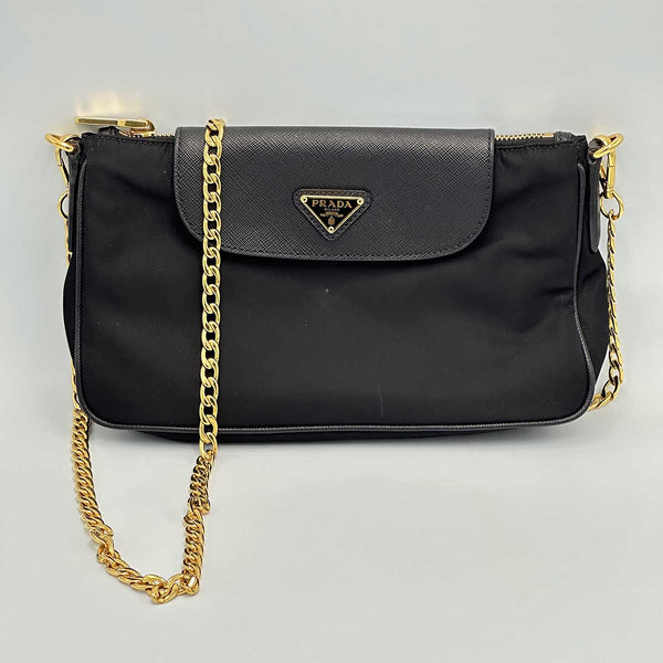 Prada Tessuto Saffiano Chain Crossbody Bag - Black Nylon