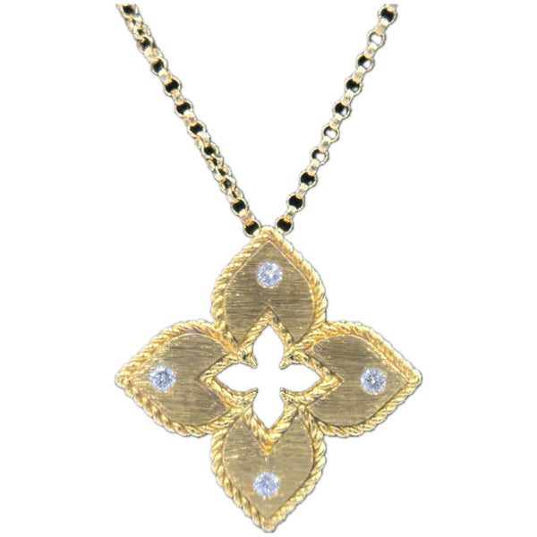 Roberto Coin Petite Venetian Princess Diamond and Satin Finish Flower Necklace - Classic Size - 18K Yellow Gold