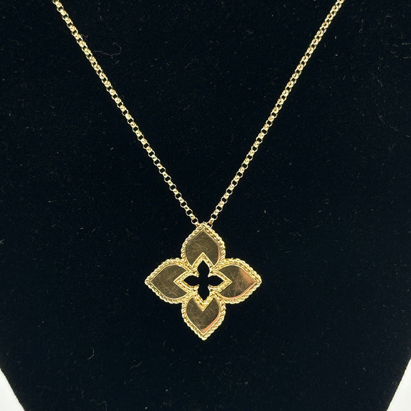 Roberto Coin Petite Venetian Princess Diamond and Satin Finish Flower Necklace - Classic Size - 18K Yellow Gold