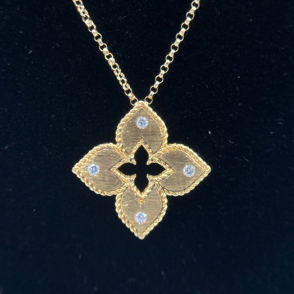 Roberto Coin Petite Venetian Princess Diamond and Satin Finish Flower Necklace - Classic Size - 18K Yellow Gold