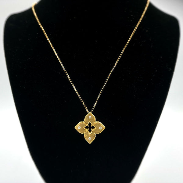 Roberto Coin Petite Venetian Princess Diamond and Satin Finish Flower Necklace - Classic Size - 18K Yellow Gold
