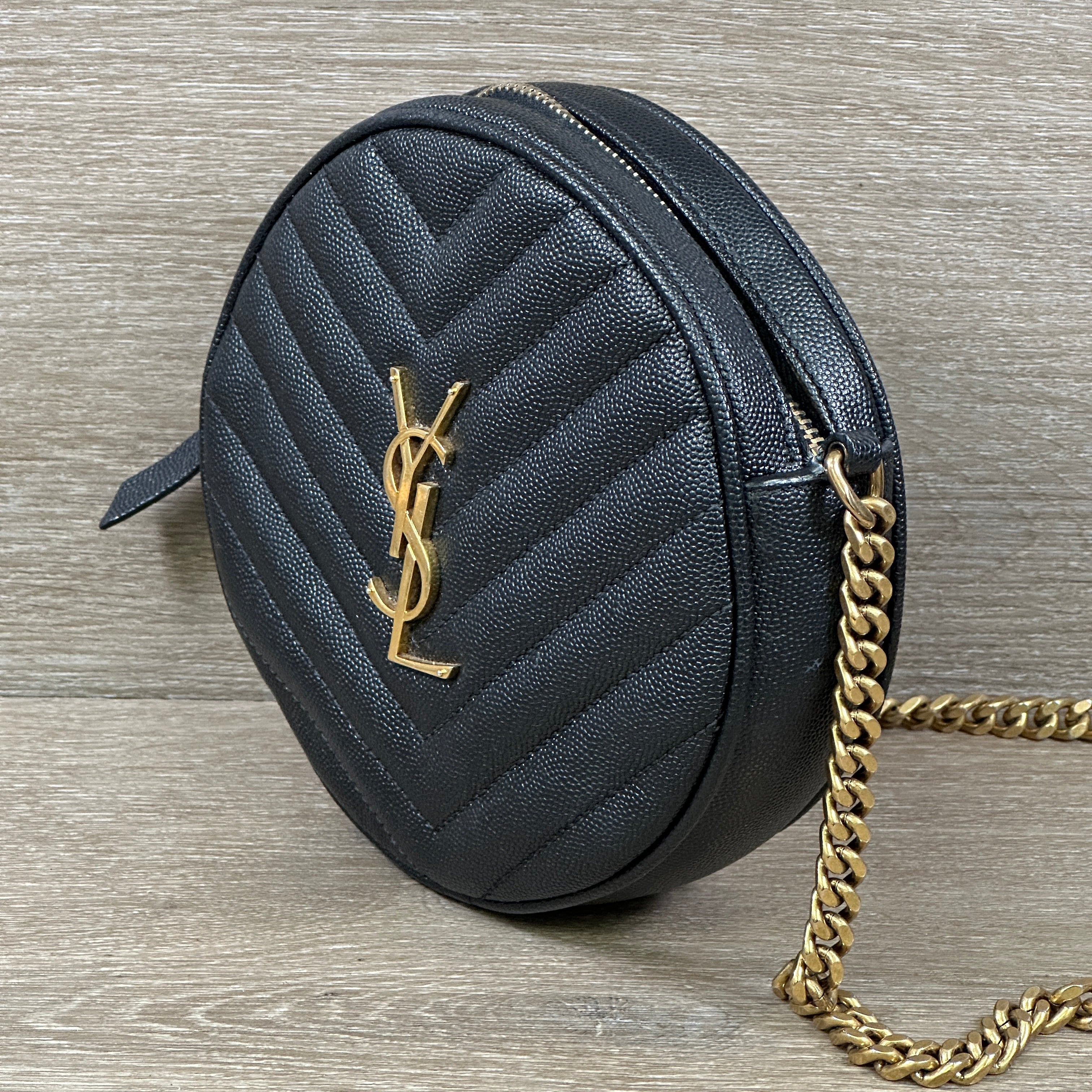 Saint Laurent Calfskin Matelasse Chevron Round Vinyle Camera Bag